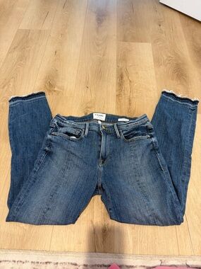 Frame Denim Raw-Hem Cropped Straight Jeans - Blue with front leg slits size 29